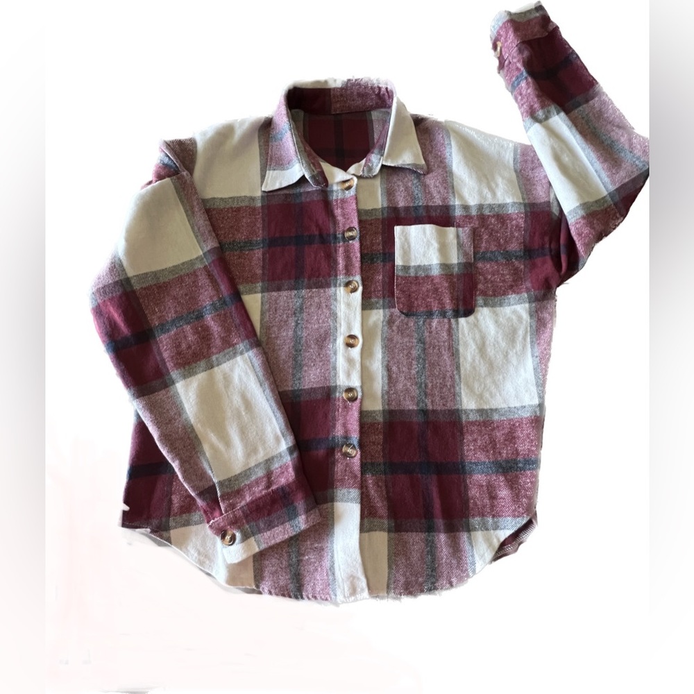 Dark pink and white flannel button shirt. 3X. Thick material.